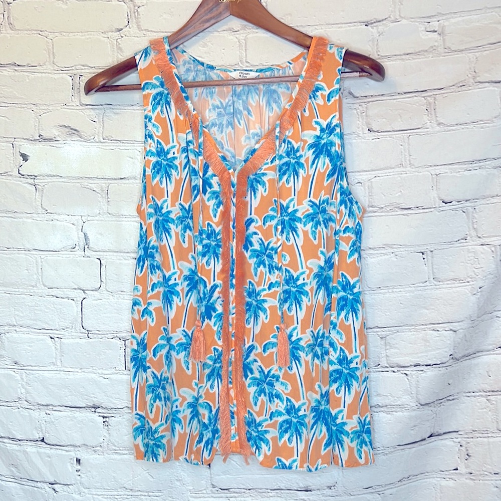Crown & Ivy Orange Blue Palm Tree Tassel Fringe Sleeveless Top Size Large